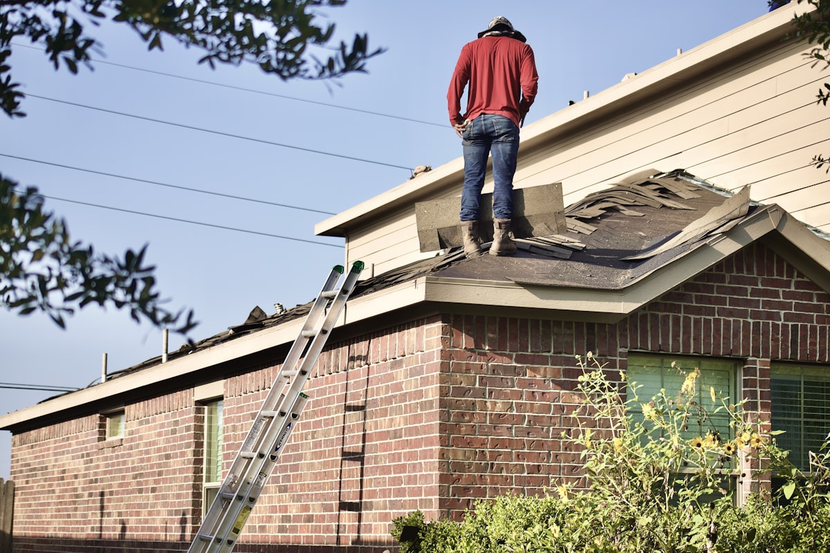 Professional roof inspector examining storm damage
